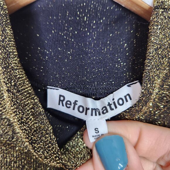 REFORMATION Dress Womens Small‎ Gold Sparkle Hermia Split Hem Dress Long Sleeves - Picture 8 of 10